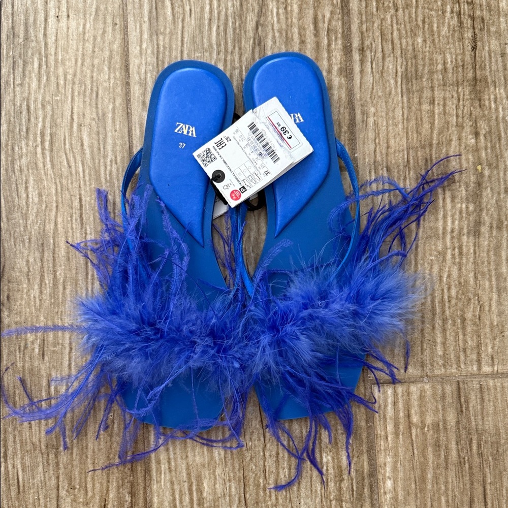 Zara Vibrant Blue Feathered Slides